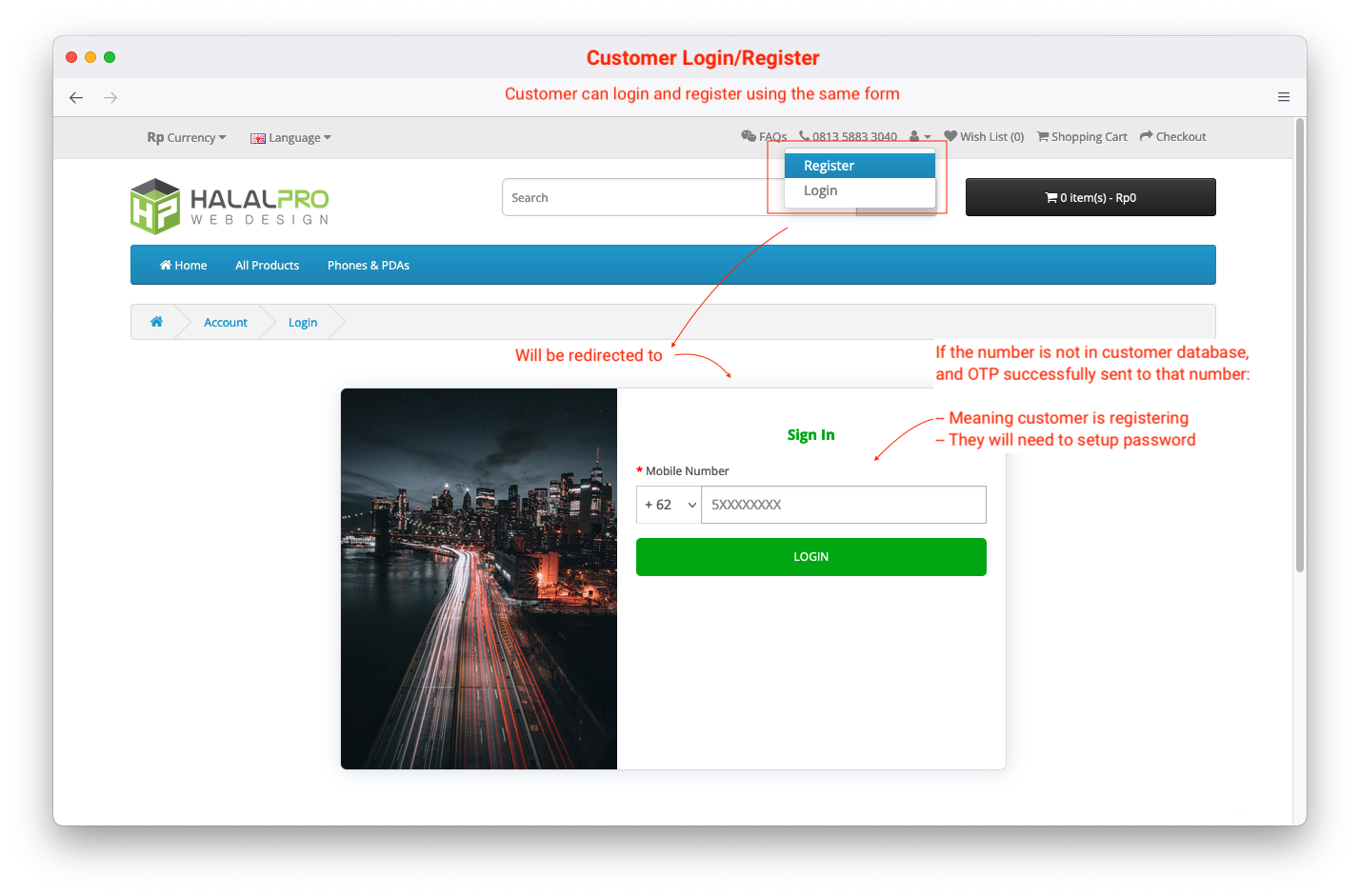login or register using phone number with OTP opencart